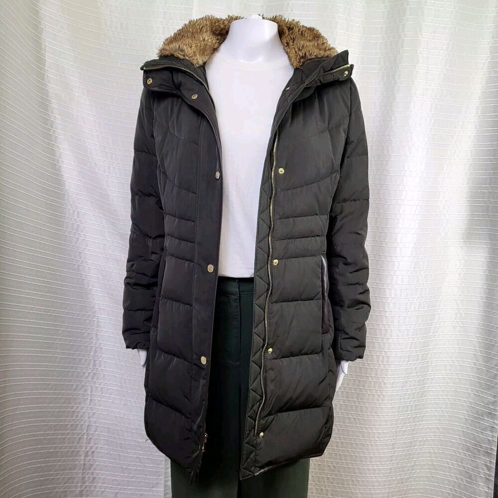 COLE HANN Signature Taffeta Down Coat Faux Fur Collar Brownish Green Women's S